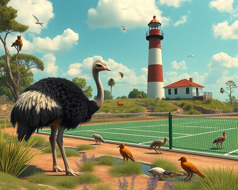 ostrich, fox, lighthouse, pond, tennis