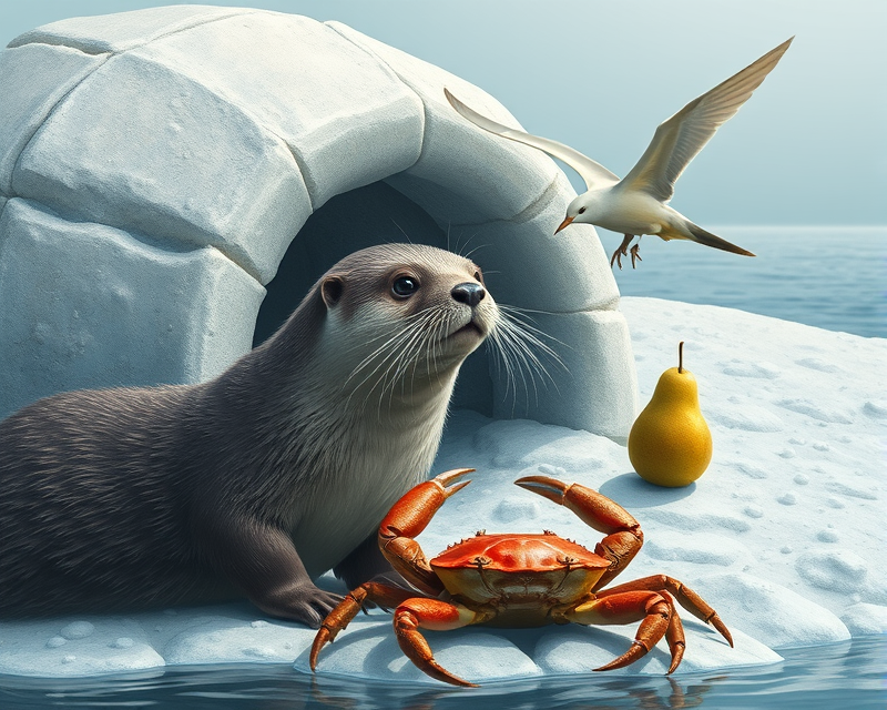 otter, bird, igloo, pear, crab