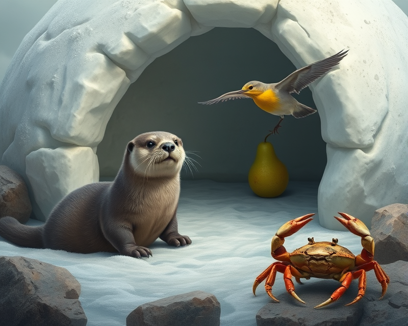 otter, bird, igloo, pear, crab