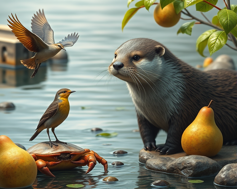 otter, crab, pear, bird