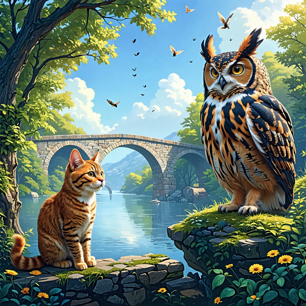 owl, cat, bridge