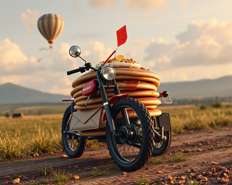 pancake, motorcycle, envelope, kite, tractor