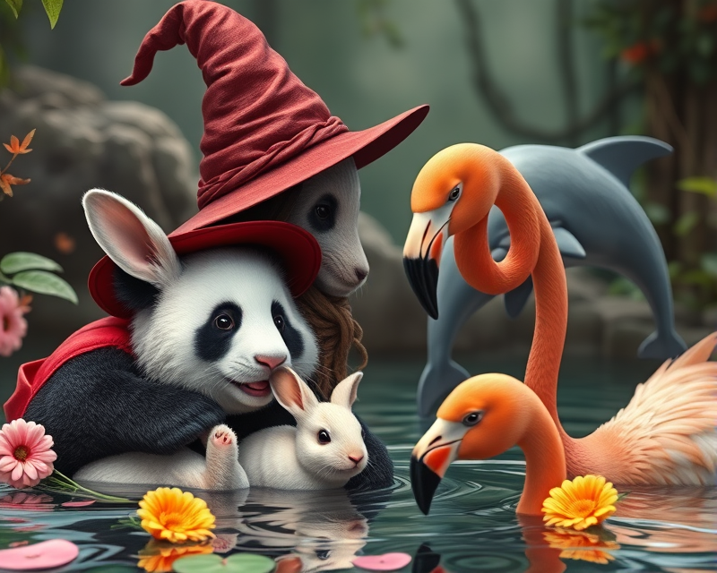 panda, witch, rabbit, dolphin, flamingo