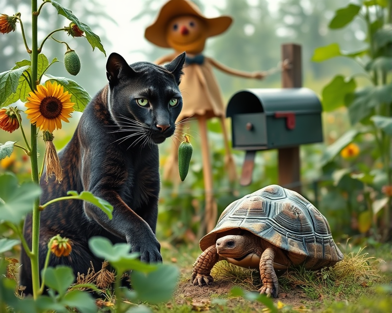 panther, cucumber, scarecrow, mailbox, tortoise