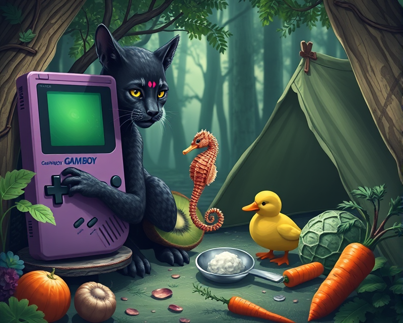 panther, gameboy, puppy, kiwi, spoon, seahorse, cabbage, duck, carrot, tent