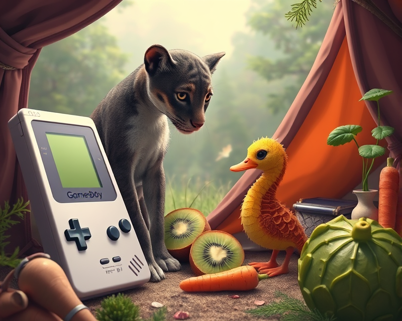 panther, gameboy, puppy, kiwi, spoon, seahorse, cabbage, duck, carrot, tent