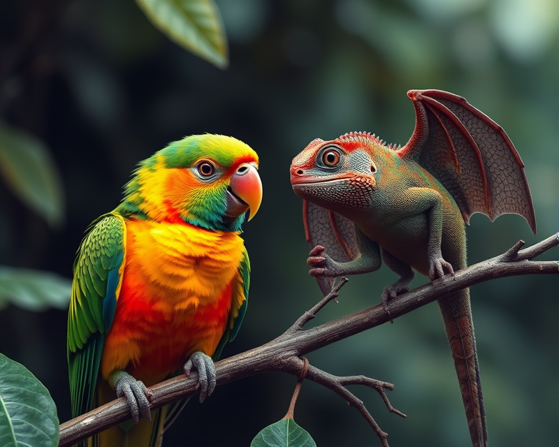 parakeet, chameleon, bat