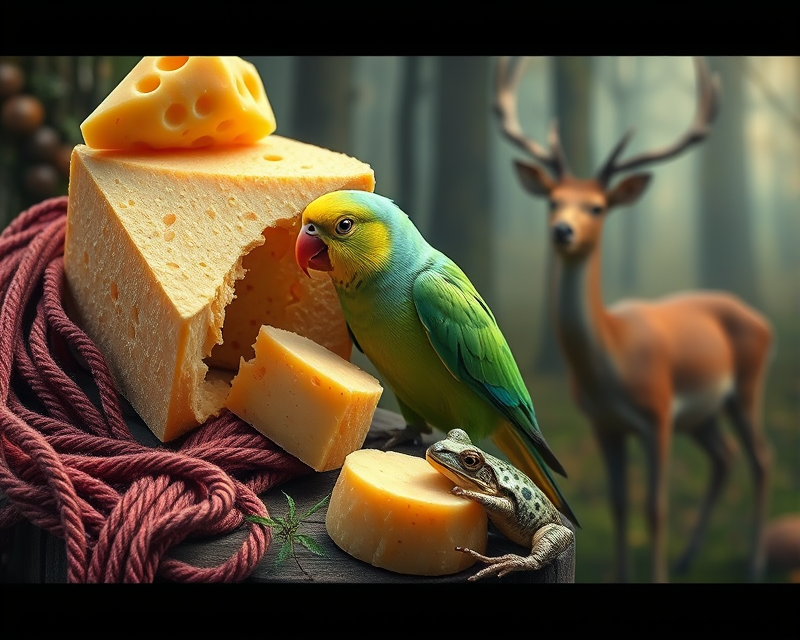 parakeet, cheese, yarn, frog, deer