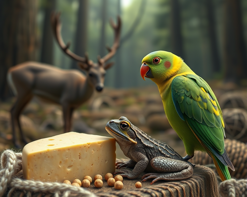 parakeet, cheese, yarn, frog, deer