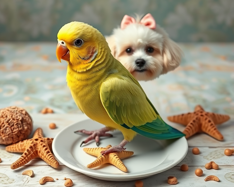 parakeet, poodle, plate, starfish, bandana