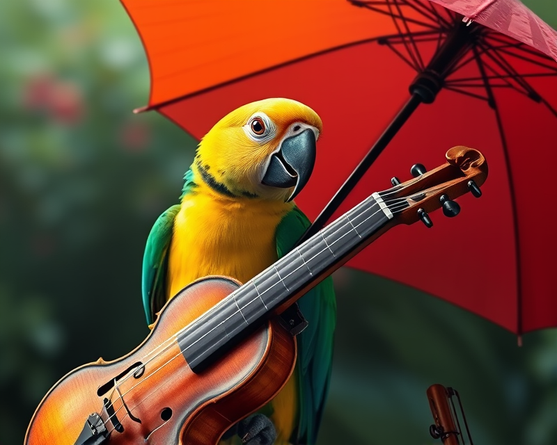 parakeet, umbrella, violin