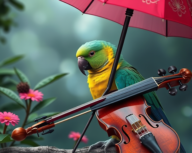 parakeet, umbrella, violin