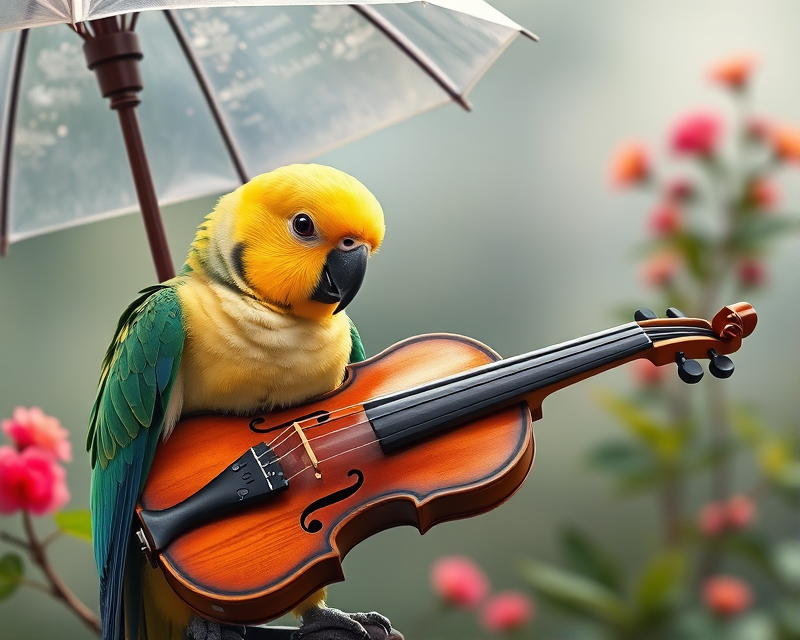 parakeet, umbrella, violin