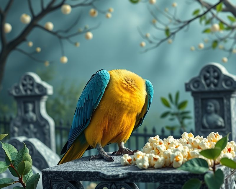 parrot, parakeet, blue, tombstone, popcorn