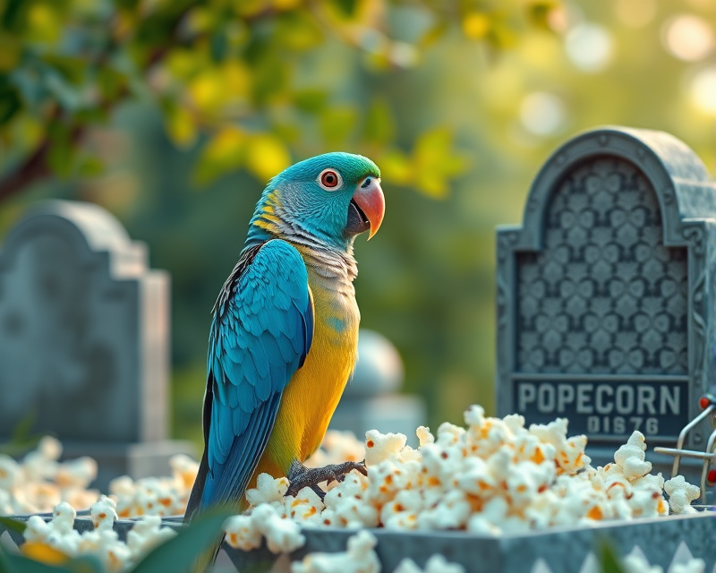 parrot, parakeet, popcorn, blue, tombstone