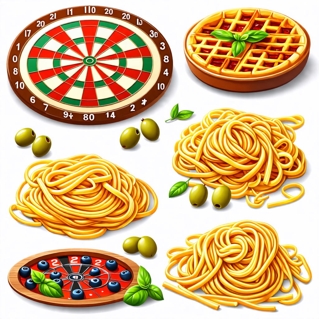 pasta, dartboard, olive, waffle, pool