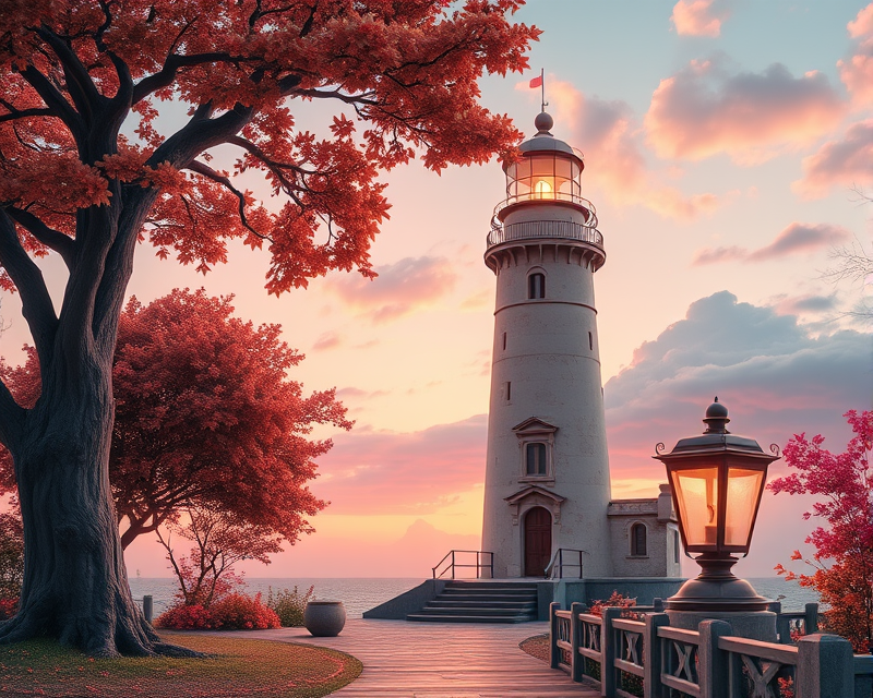 peach, lighthouse, tree, lamp, heart