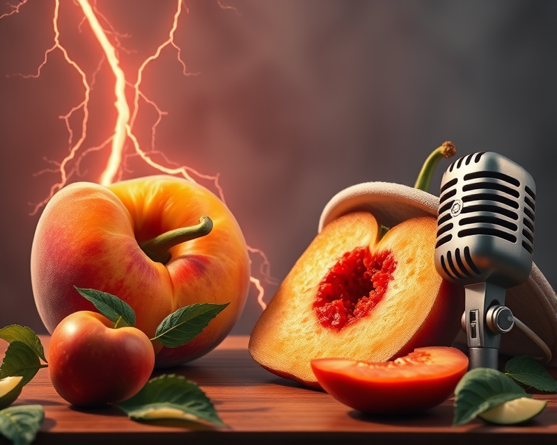 peach, lightning, pepperoni, hat, microphone