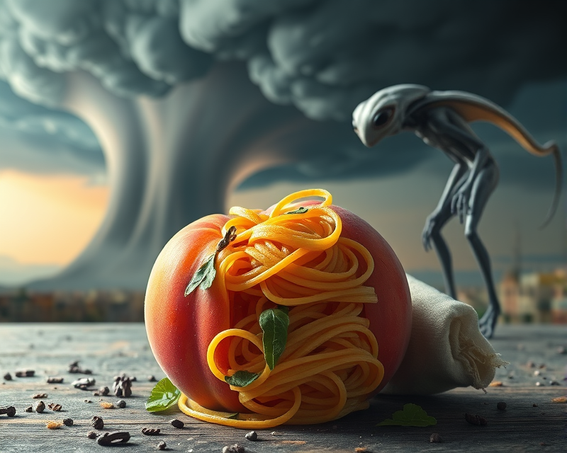 peach, pasta, bag, alien, tornado