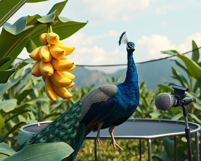 peacock, banana, trampoline, microphone, dragon