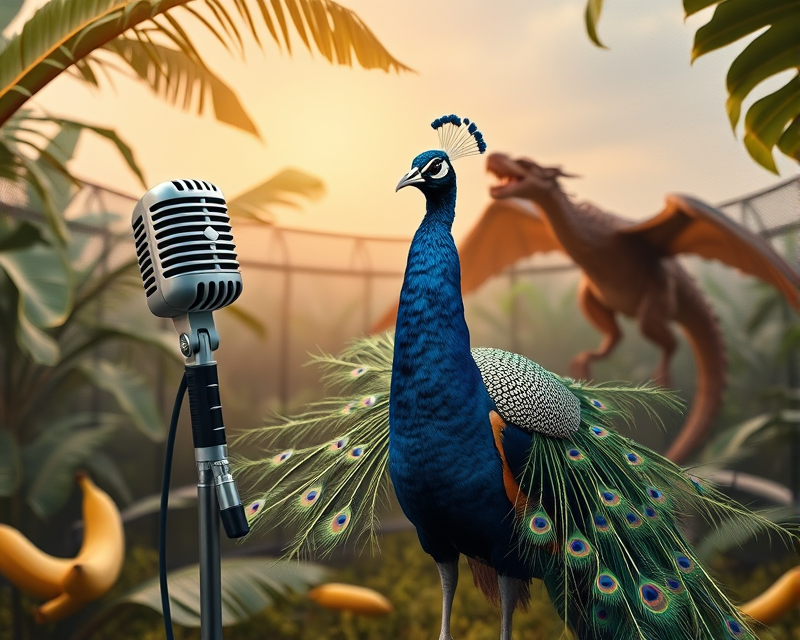 peacock, microphone, trampoline, dragon, banana