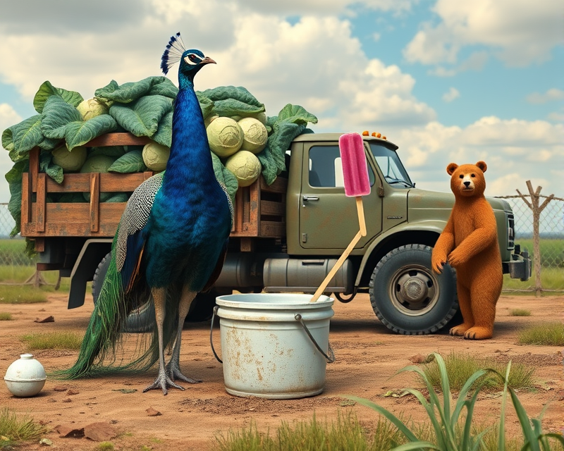 peacock, truck, cabbage, bucket, boot, bear, popsicle