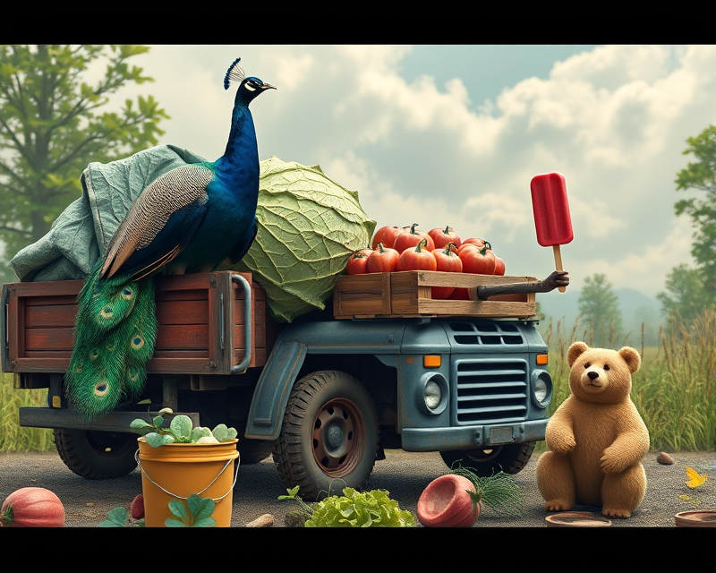 peacock, truck, cabbage, bucket, boot, bear, popsicle