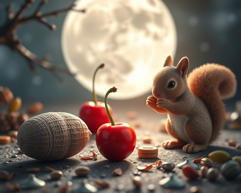 peanut, cherry, lego, squirrel, moon