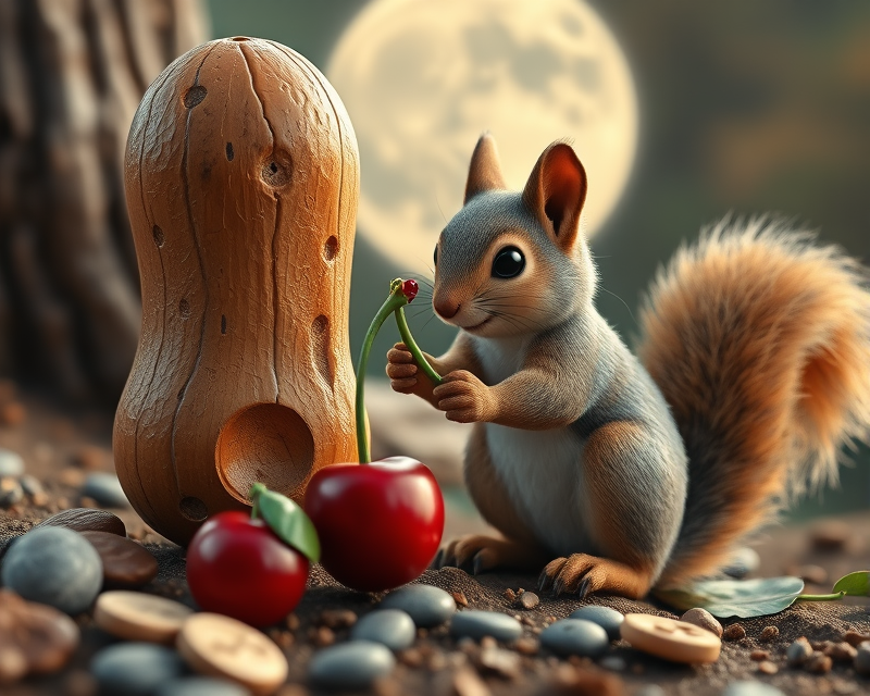 peanut, cherry, lego, squirrel, moon