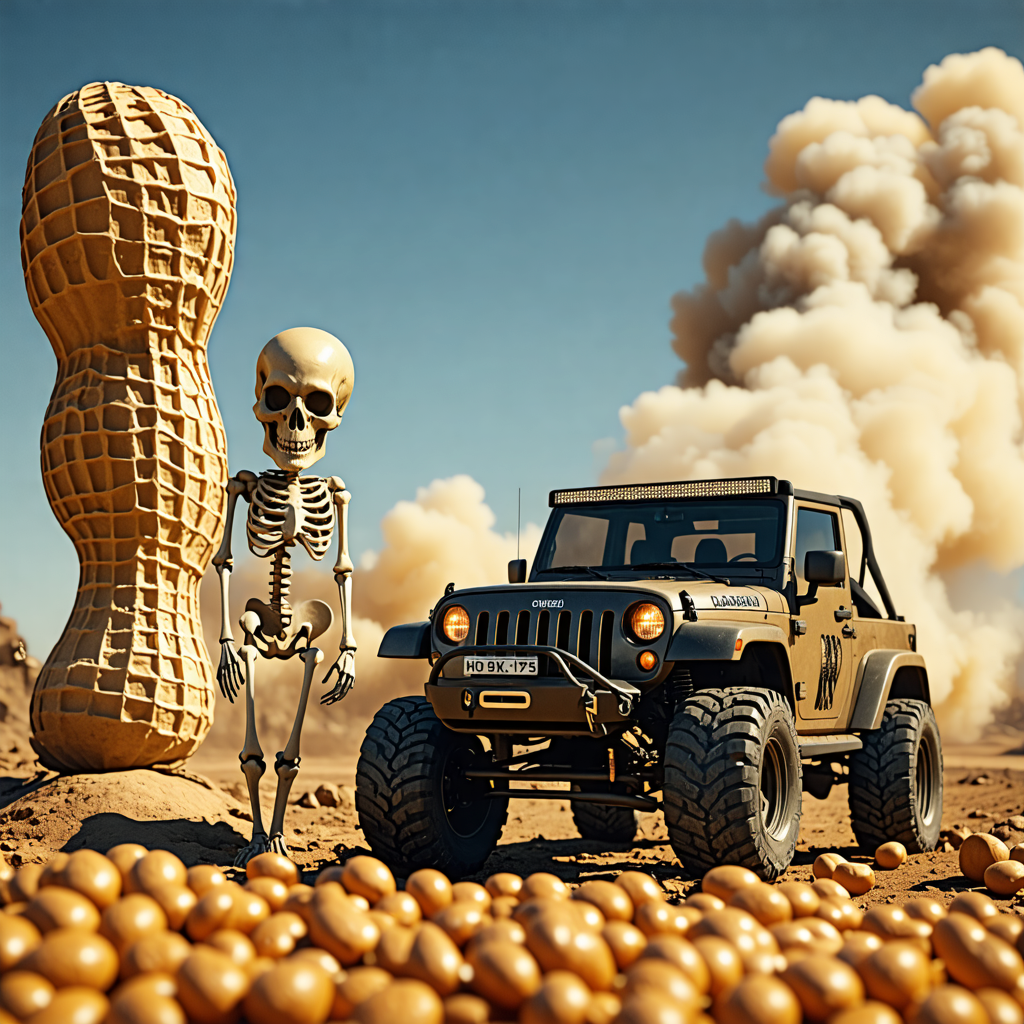 peanut, skeleton, tower, jeep, smoke