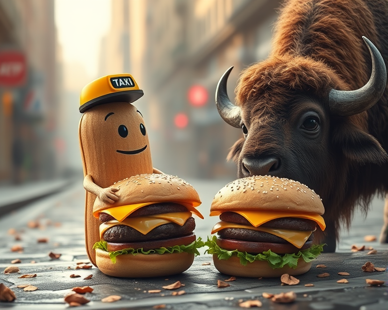 peanut, taxi, hamburger, bison