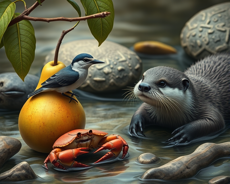 pear, bird, crab, otter