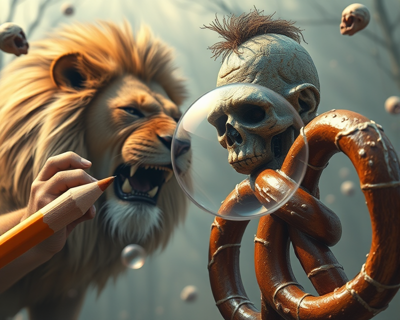 pencil, lion, bubble, zombie, pretzel