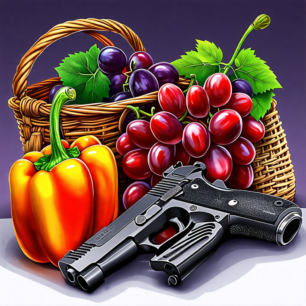 pepper, gun, bag, grape, fork