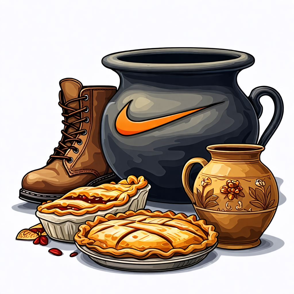 pie, nike, boot, vase, cauldron