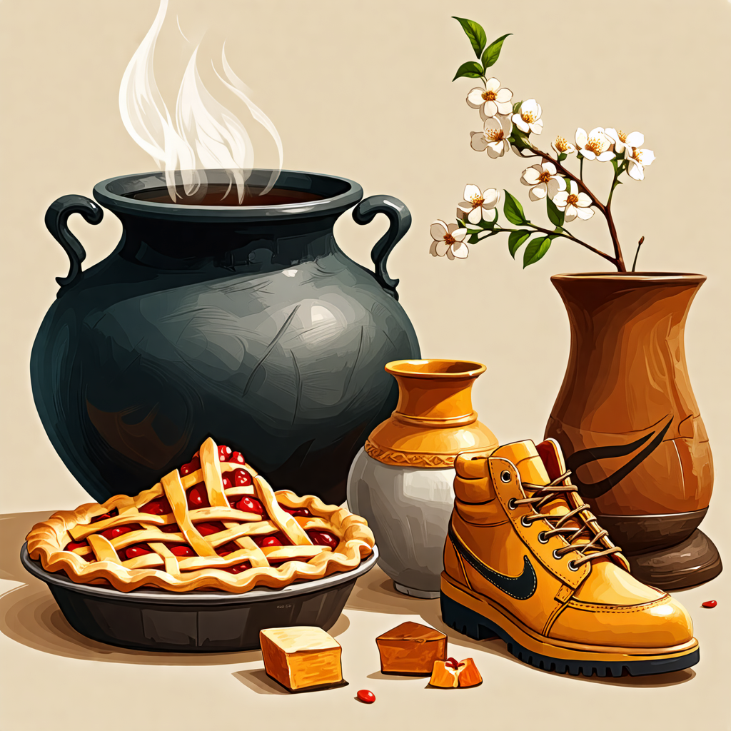 pie, nike, boot, vase, cauldron