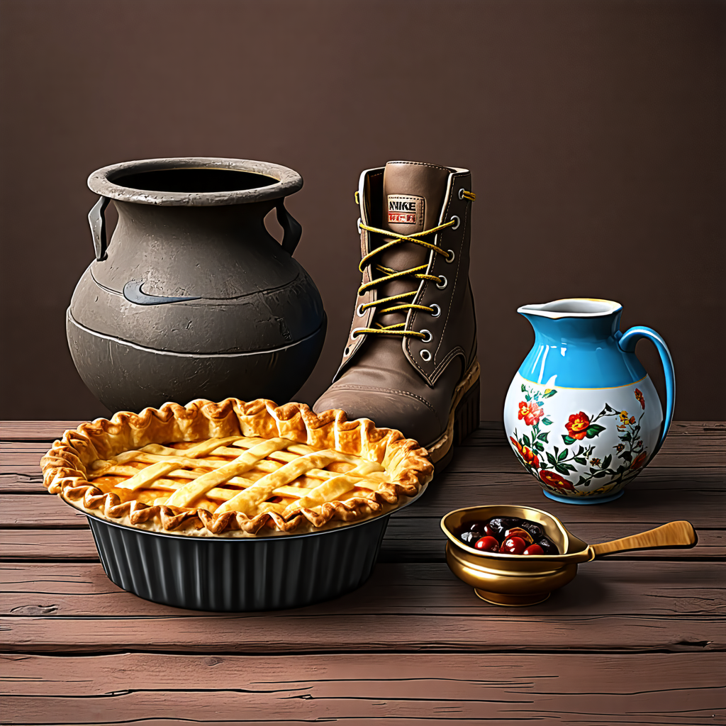 pie, nike, boot, vase, cauldron