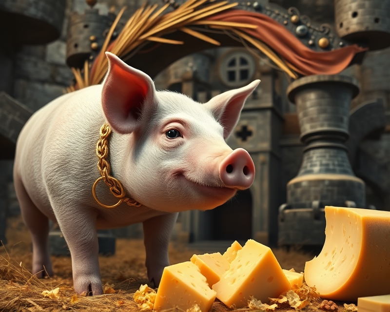 pig, castle, wreath, gold, cheese