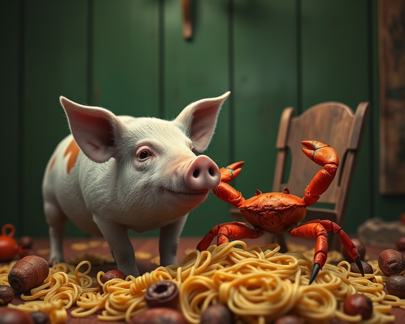 pig, crab, chair, macaroni, green