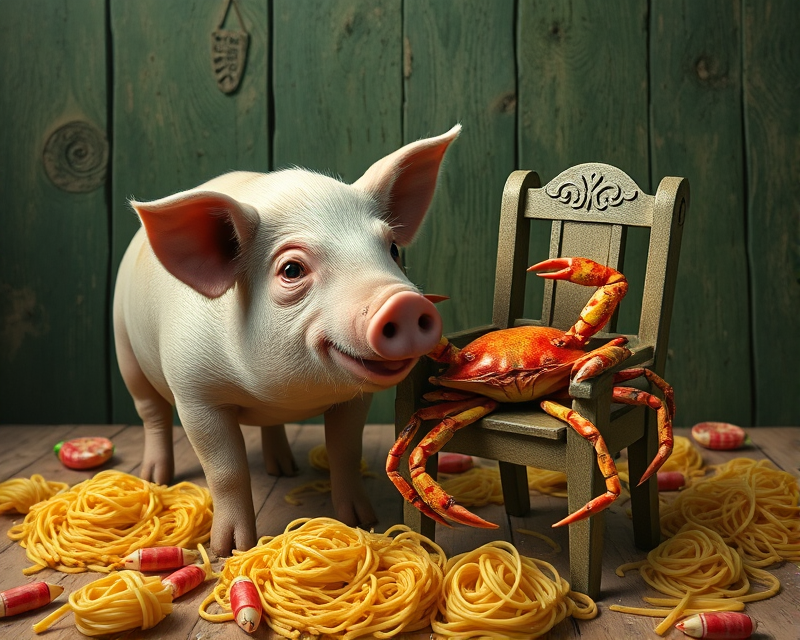 pig, crab, chair, macaroni, green