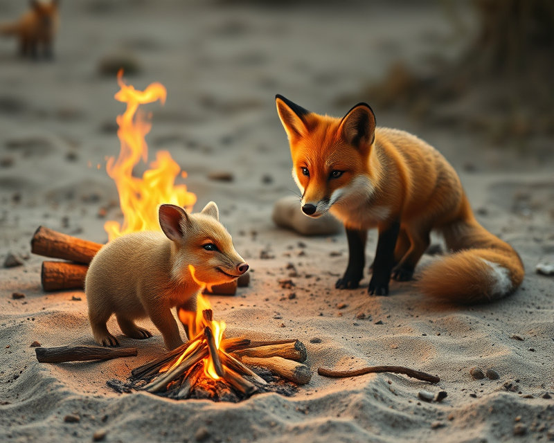 piglet, campfire, fox, sand