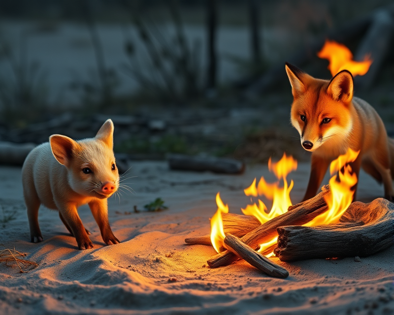 piglet, campfire, sand, fox