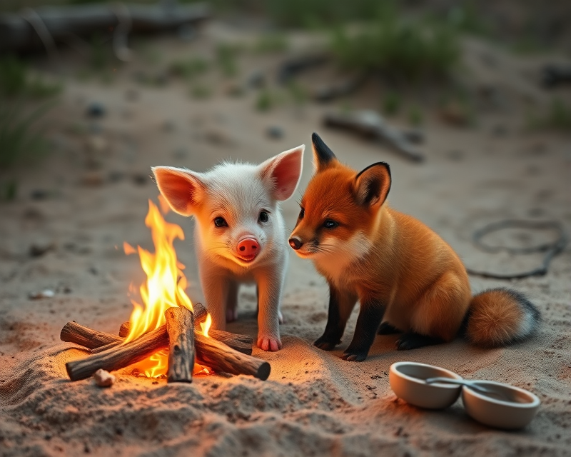 piglet, campfire, sand, fox