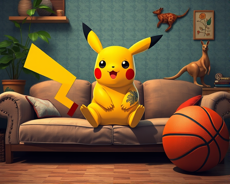 pikachu, couch, basketball, tattoo, kangaroo