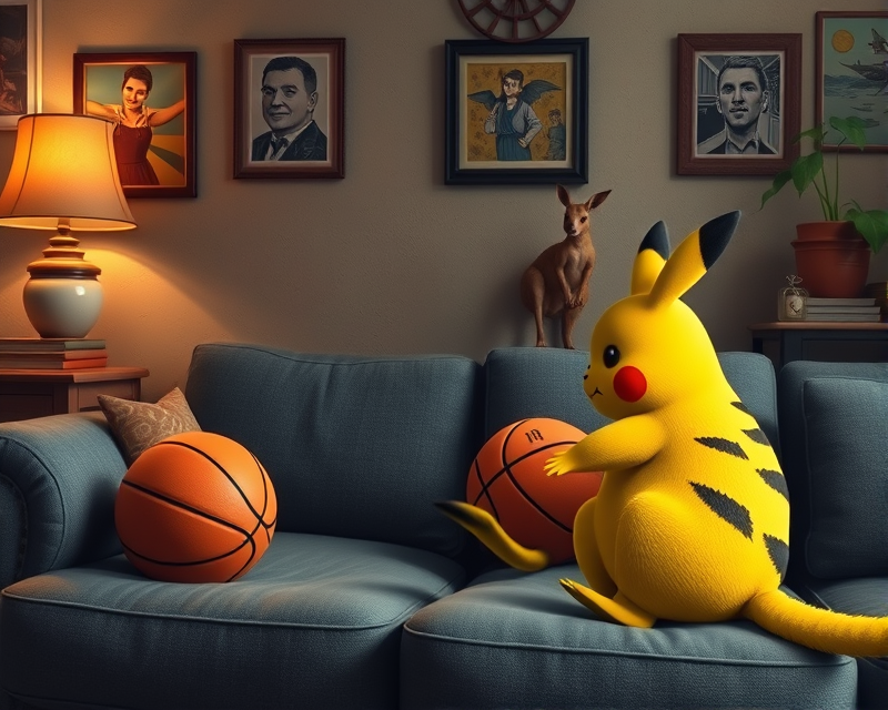 pikachu, couch, basketball, tattoo, kangaroo