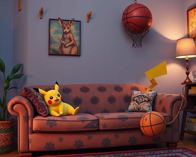 pikachu, couch, tattoo, kangaroo, basketball