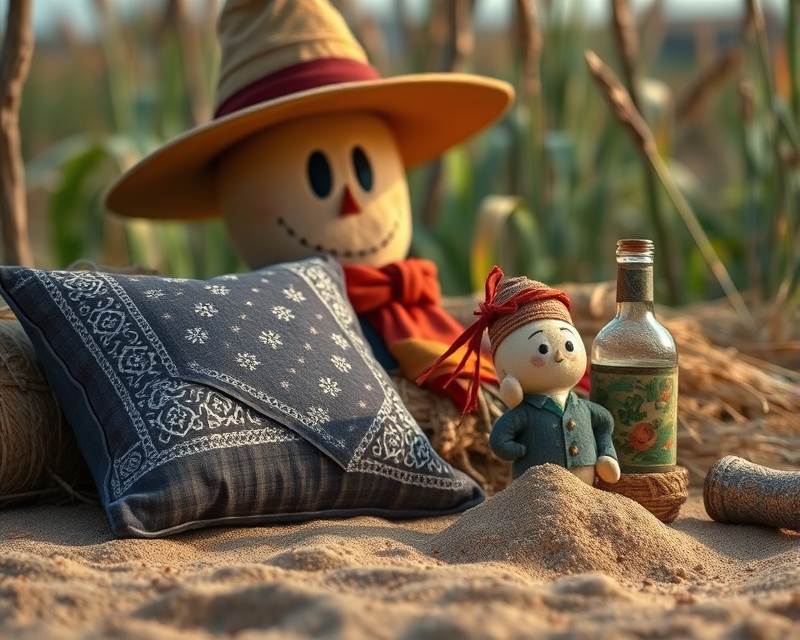 pillow, bandana, scarecrow, sand, bottle