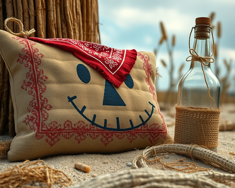 pillow, bandana, scarecrow, sand, bottle