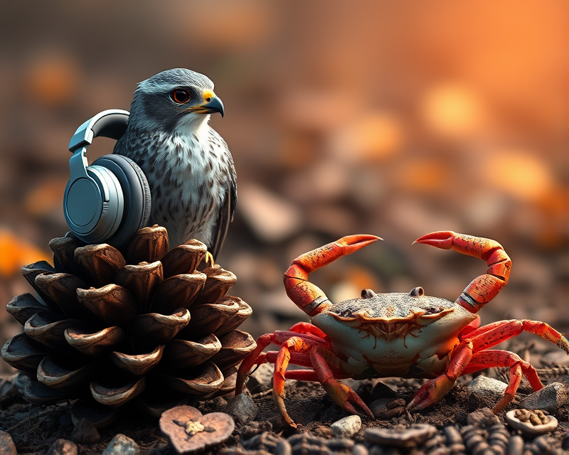 pinecone, falcon, headphones, crab