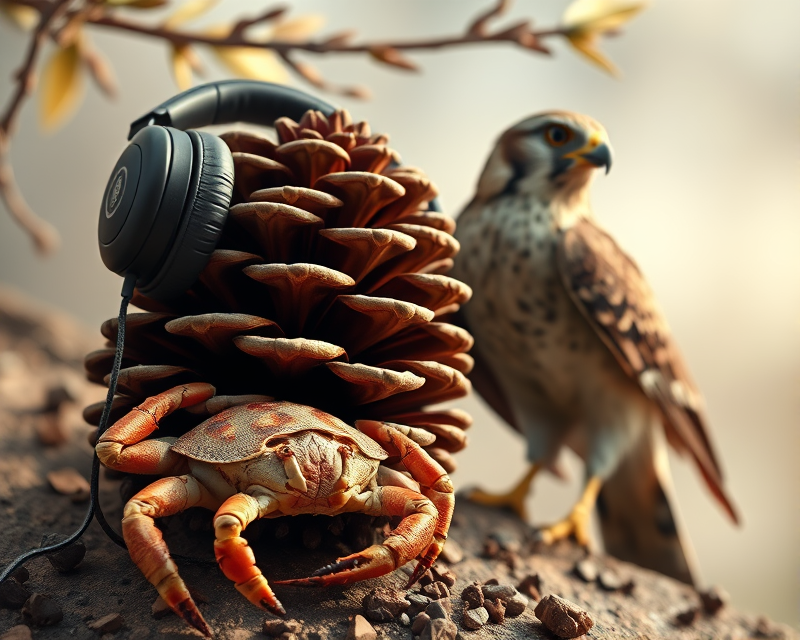 pinecone, headphones, crab, falcon